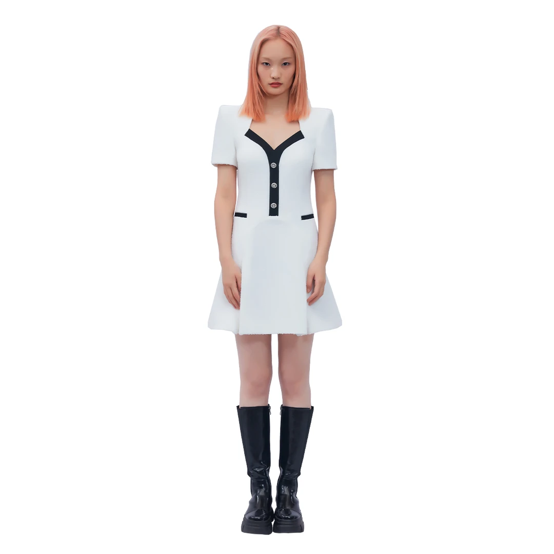 YES BY YESIR叶谦设计师品牌白色Y领形拼接连衣裙