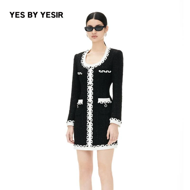 叶谦原创设计师秋冬黑色魅影摩登千金香风连衣裙23FLC17122