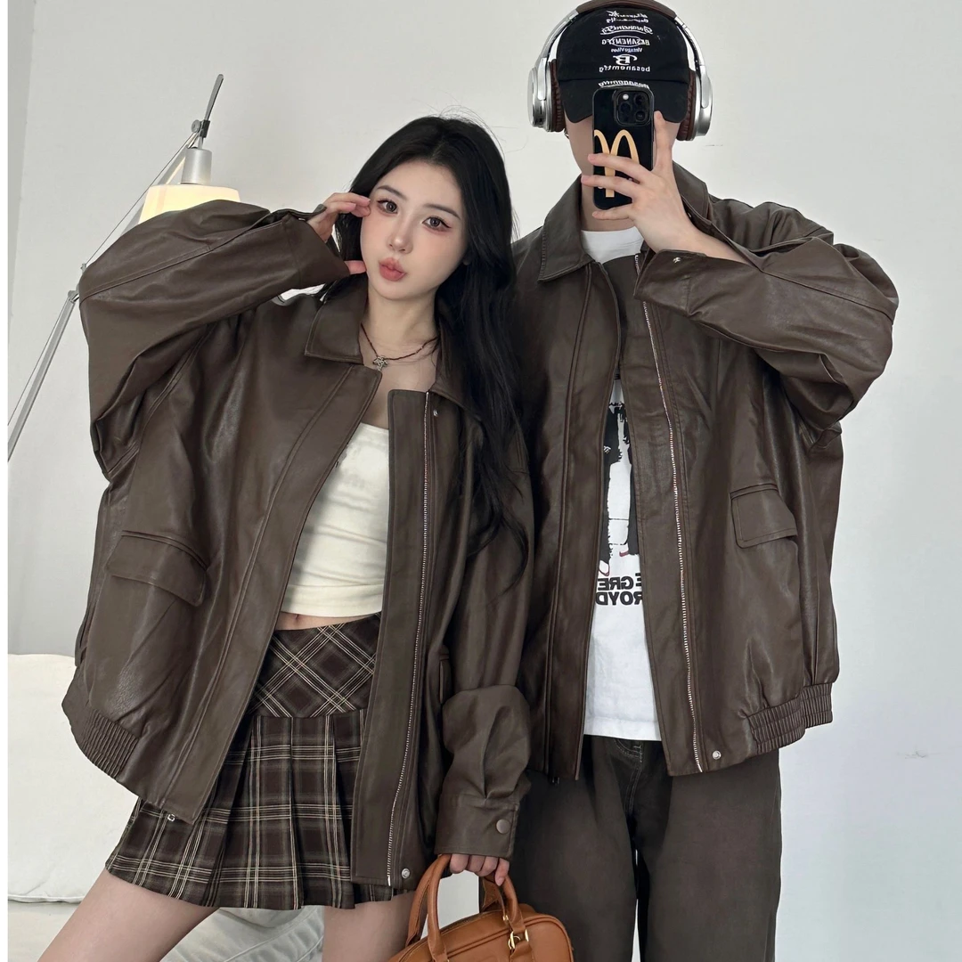 情侣装秋冬季小众设计感pu皮宽松棕色皮衣美拉德机车外套