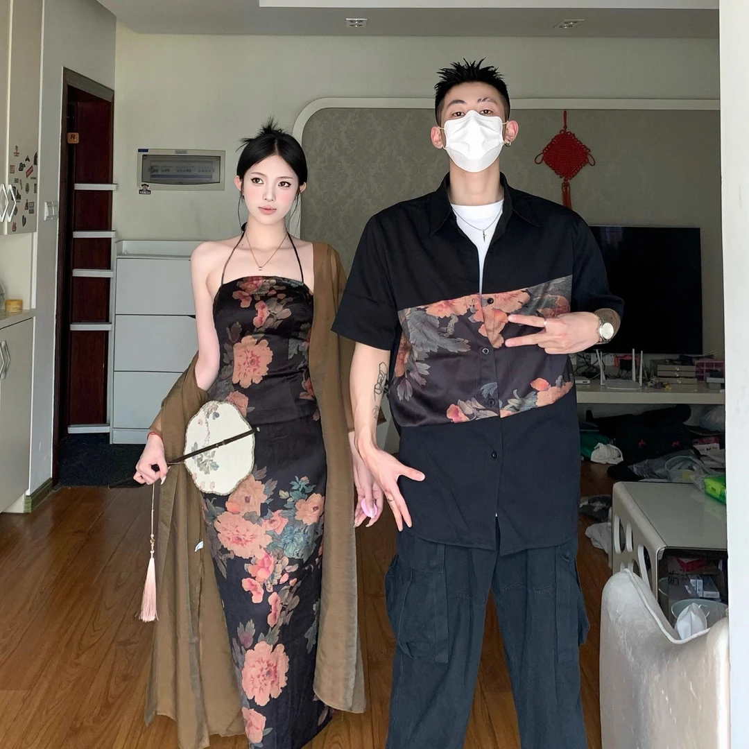 新中式情侣装夏季新款收腰显瘦复古女连衣裙男短袖衬衫一裙一衣潮