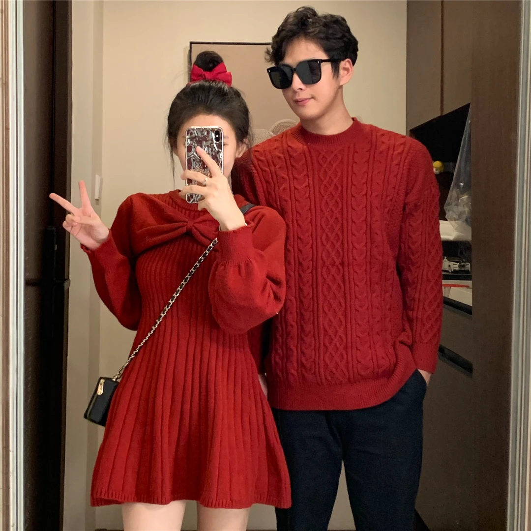 情侣装秋冬季红色跨年毛衣连衣裙针织衫法式一衣一裙