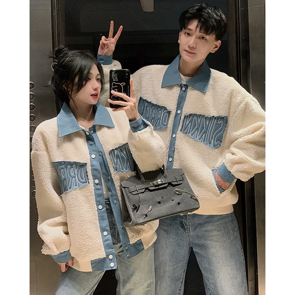 情侣装秋冬高级感美式宽松羊羔毛外套撞色复古韩版设计感学院风