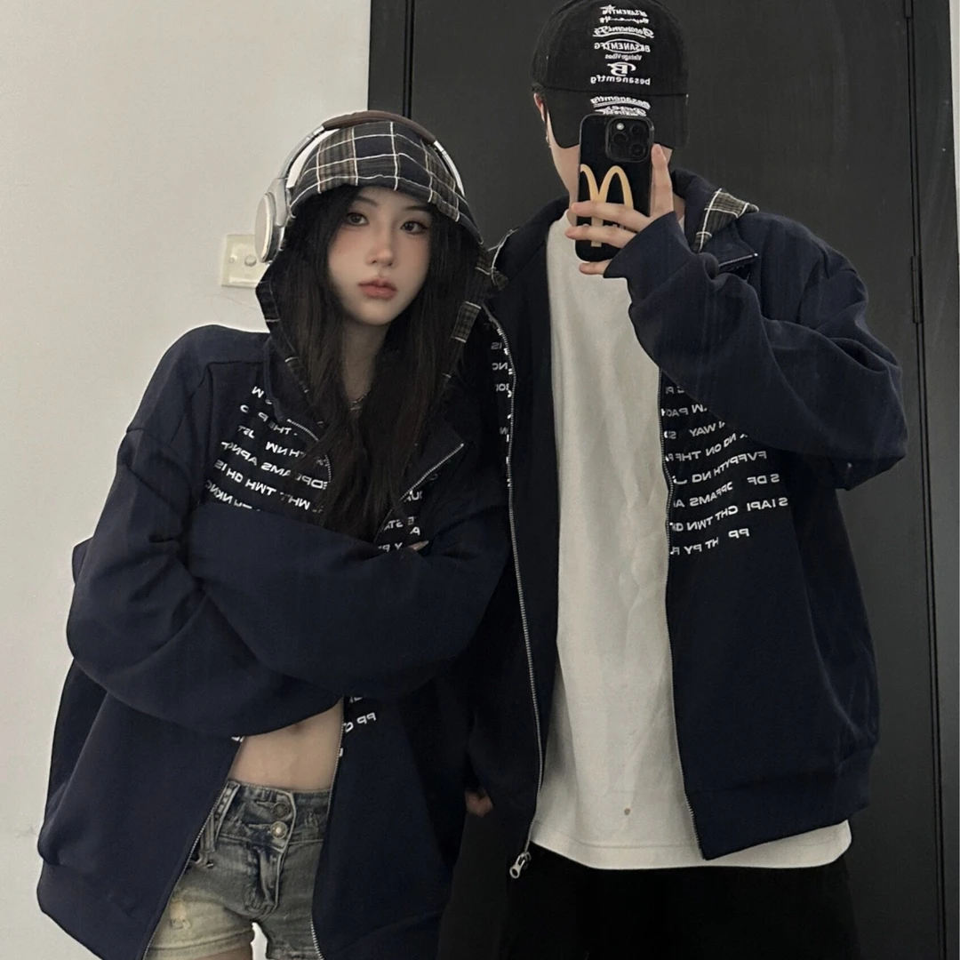 情侣装秋冬季美式小众设计感卫衣夹克宽松休闲连外男女外套潮