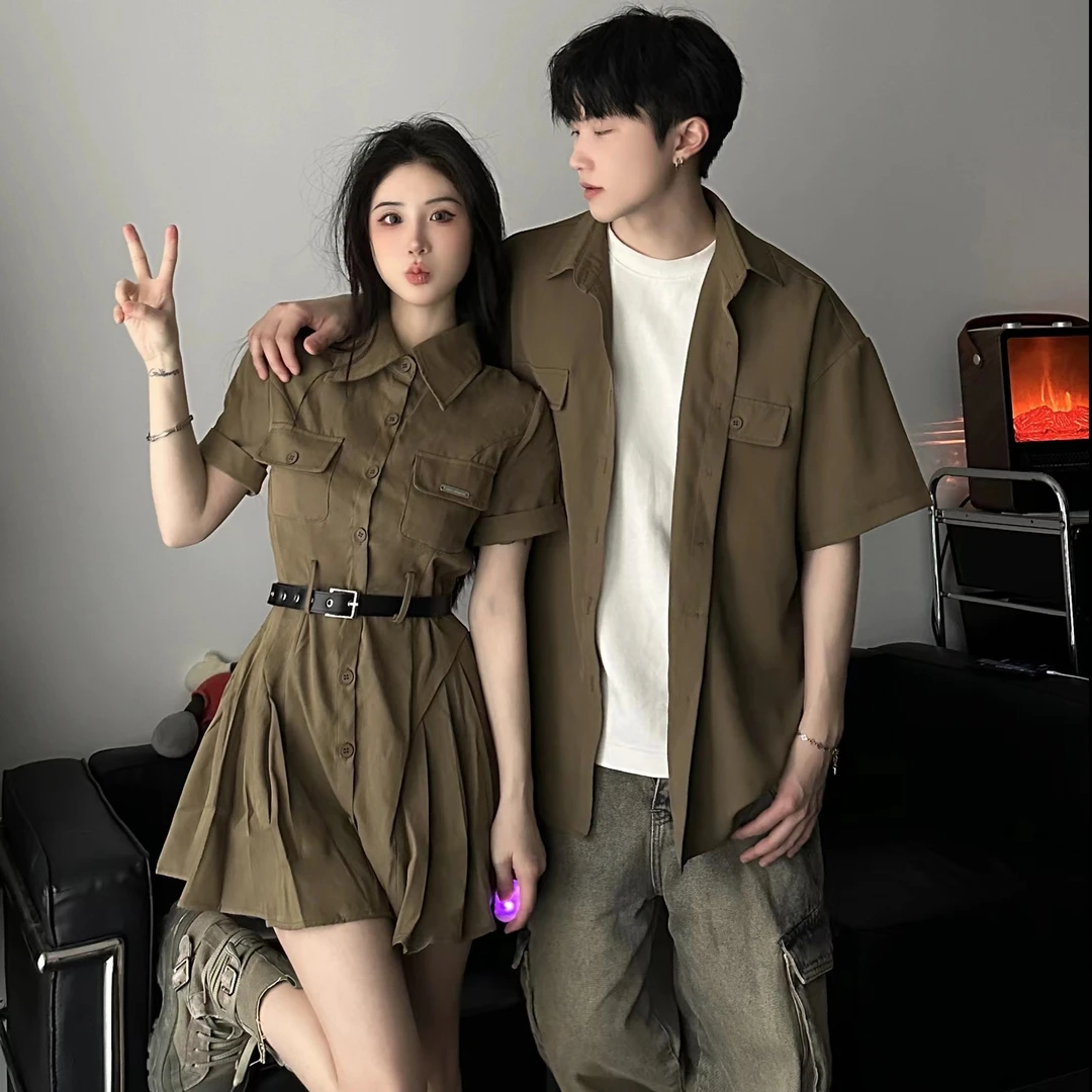 情侣装复古工装连衣裙气质收腰夏季设计美式甜辣纯欲百褶裙子