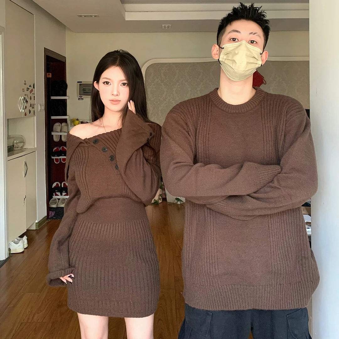 情侣装韩系ins风粽叶咖 经典灰连排扣高级感辣妹气质针织连衣裙