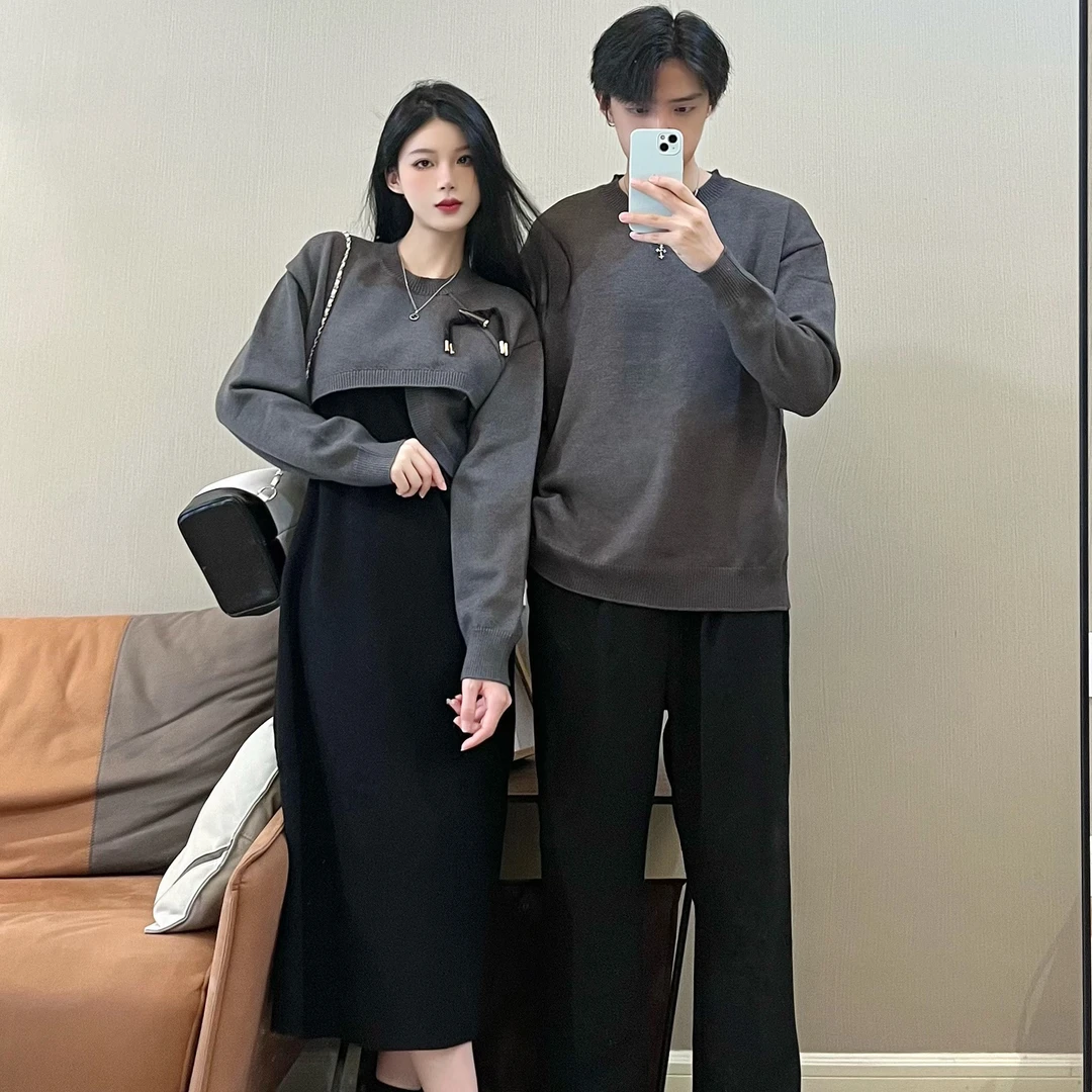情侣装秋冬季新款超火毛衣连裙女两件套宽松韩版一裙一衣潮