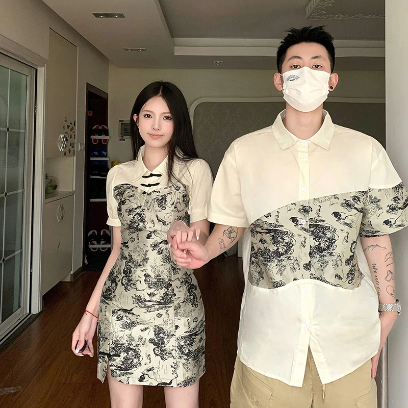 情侣装小众设计感夏季中国风短袖衬衫女旗袍连衣裙法式一裙一衣潮