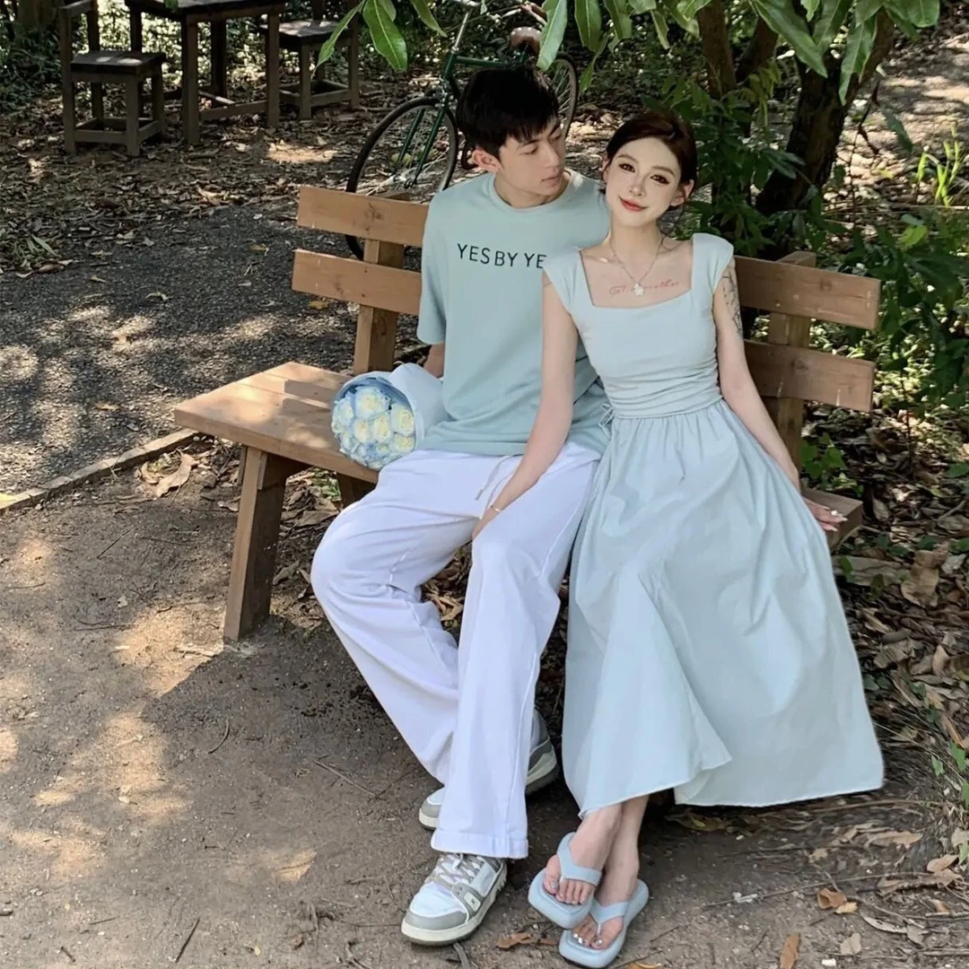 小众设计情侣衣服夏季韩版短袖t恤女连衣裙u领法式一裙一衣ins潮