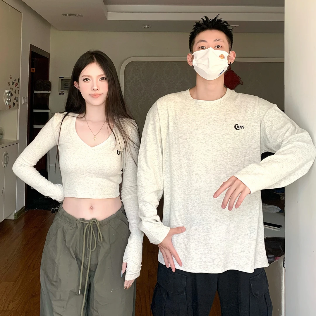 小众设计感情侣装秋季圆领刺绣宽松百搭长袖上衣法式一裙一衣潮