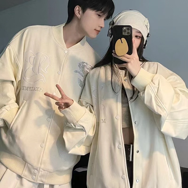 情侣装秋季新款韩版宽松休闲刺绣美式百搭潮流毛呢夹克上衣潮