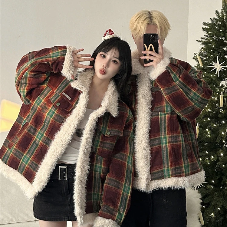 情侣装冬季加厚美式条纹宽松保暖百搭复古外套潮