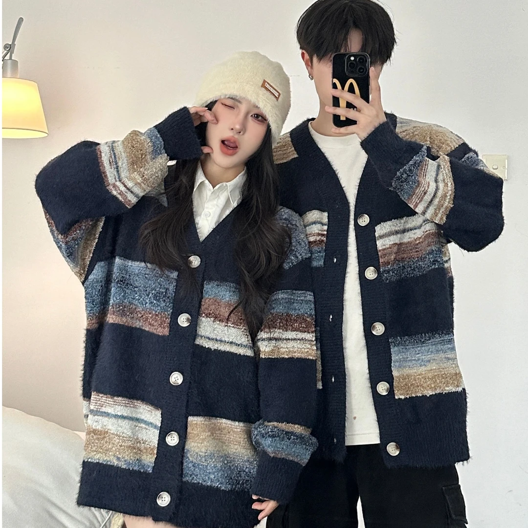 情侣装秋冬季韩版宽松休闲V领男女同款针织开衫复古港风潮流外套