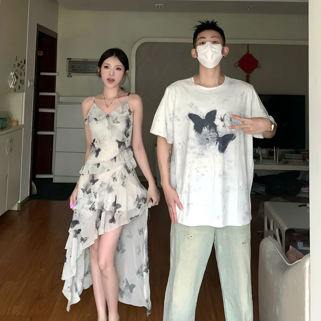 情侣装夏季新款蝴蝶印花不规则吊带裙法式男短袖T恤一裙一衣潮