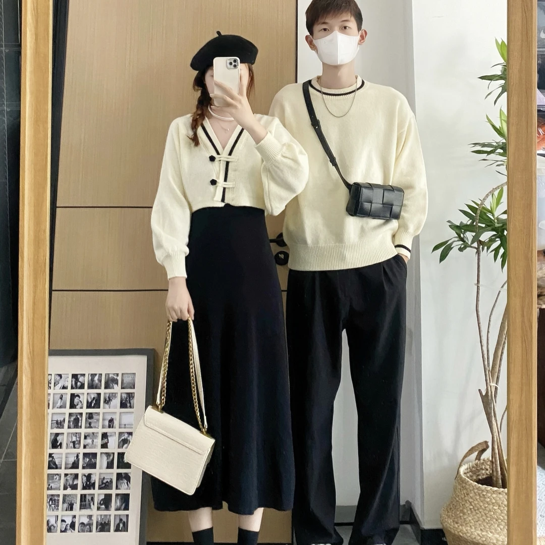 情侣装秋冬长袖针织衫男毛衣外套女v领长袖针织连衣裙时尚套装