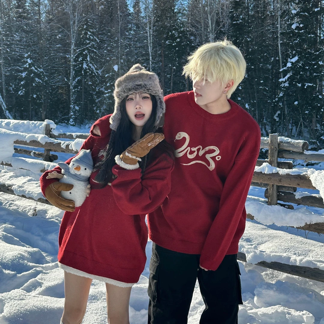 情侣装秋冬季蛇年小众设计感宽松圆领针织衫毛衣男女同款上衣潮