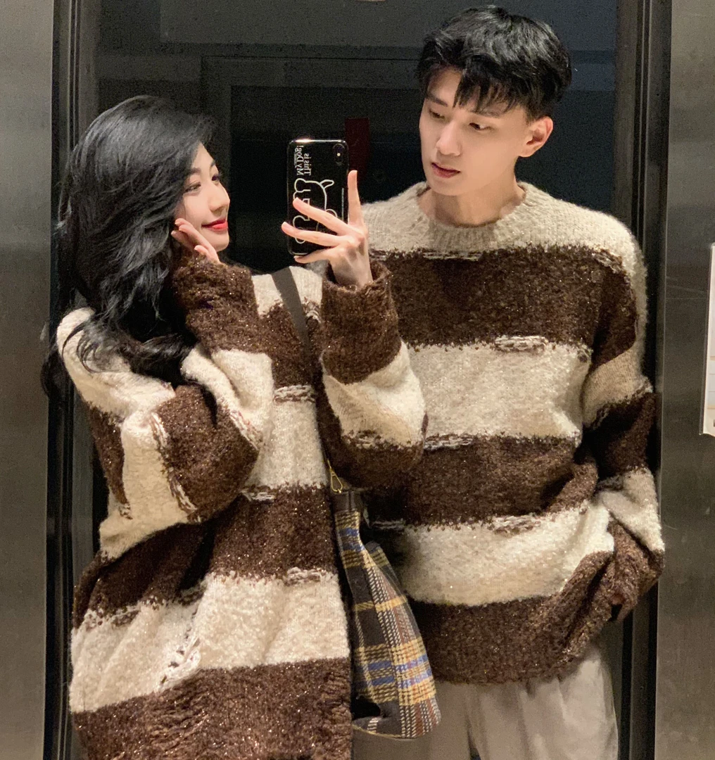 情侣装秋冬网红复古慵懒风条纹破洞毛衣男女宽松休闲百搭针织上衣