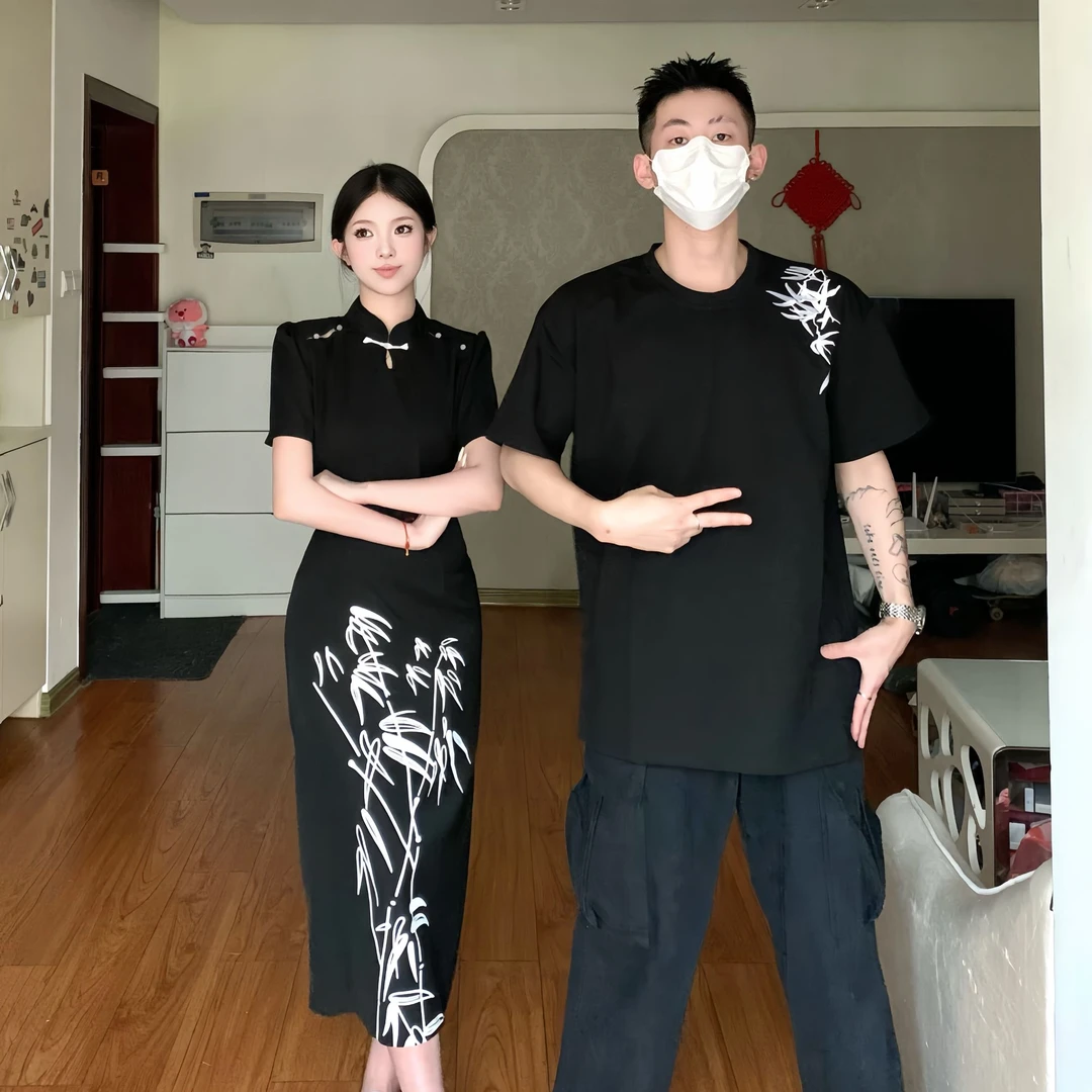 新中式情侣装夏季新款复古收腰显瘦女连衣裙男短袖T恤一裙一衣潮