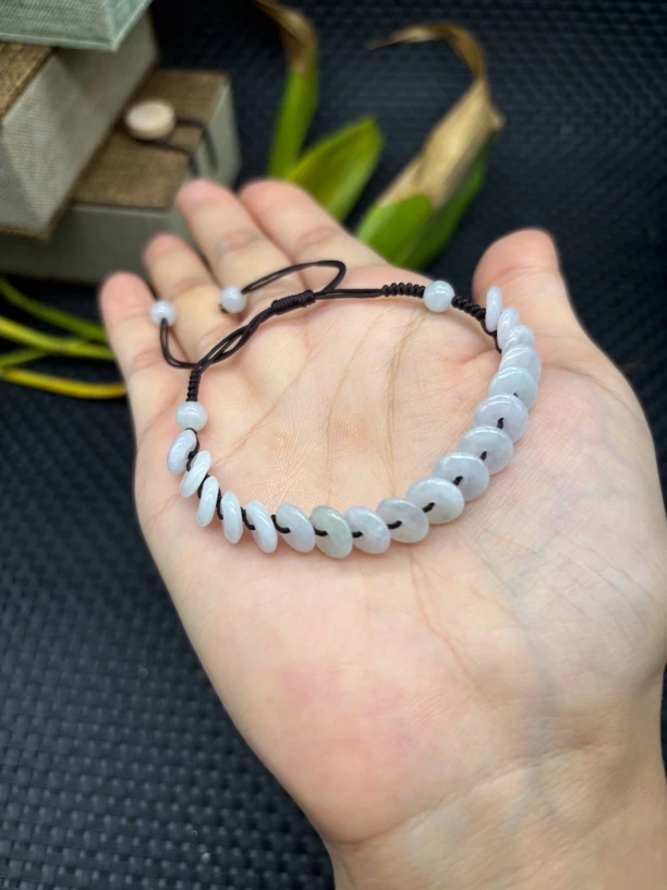 福利天然缅甸翡翠A货白月光细糯化平安扣手链本命年手工编织手串