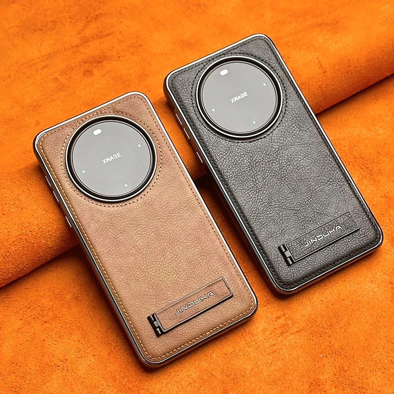 适用华为Mate60Pro+纯色皮纹支架手机壳高档商务男Mate60防摔壳