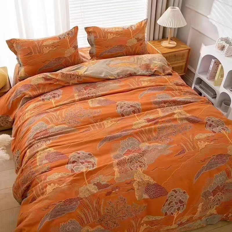 【富贵花开】高端A类织提花纽扣款全棉双层纱四件套