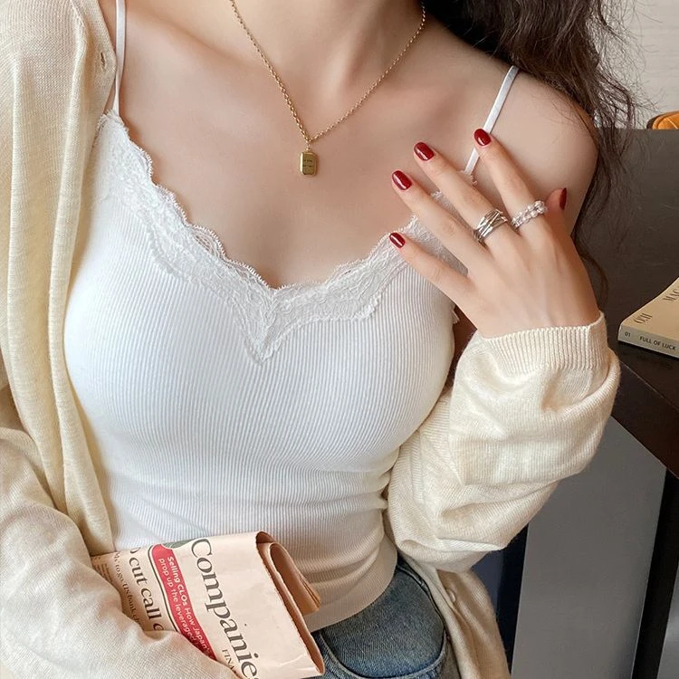 无痕蕾丝美背吊带背心内搭防走光外穿一体式固定杯带胸垫裹