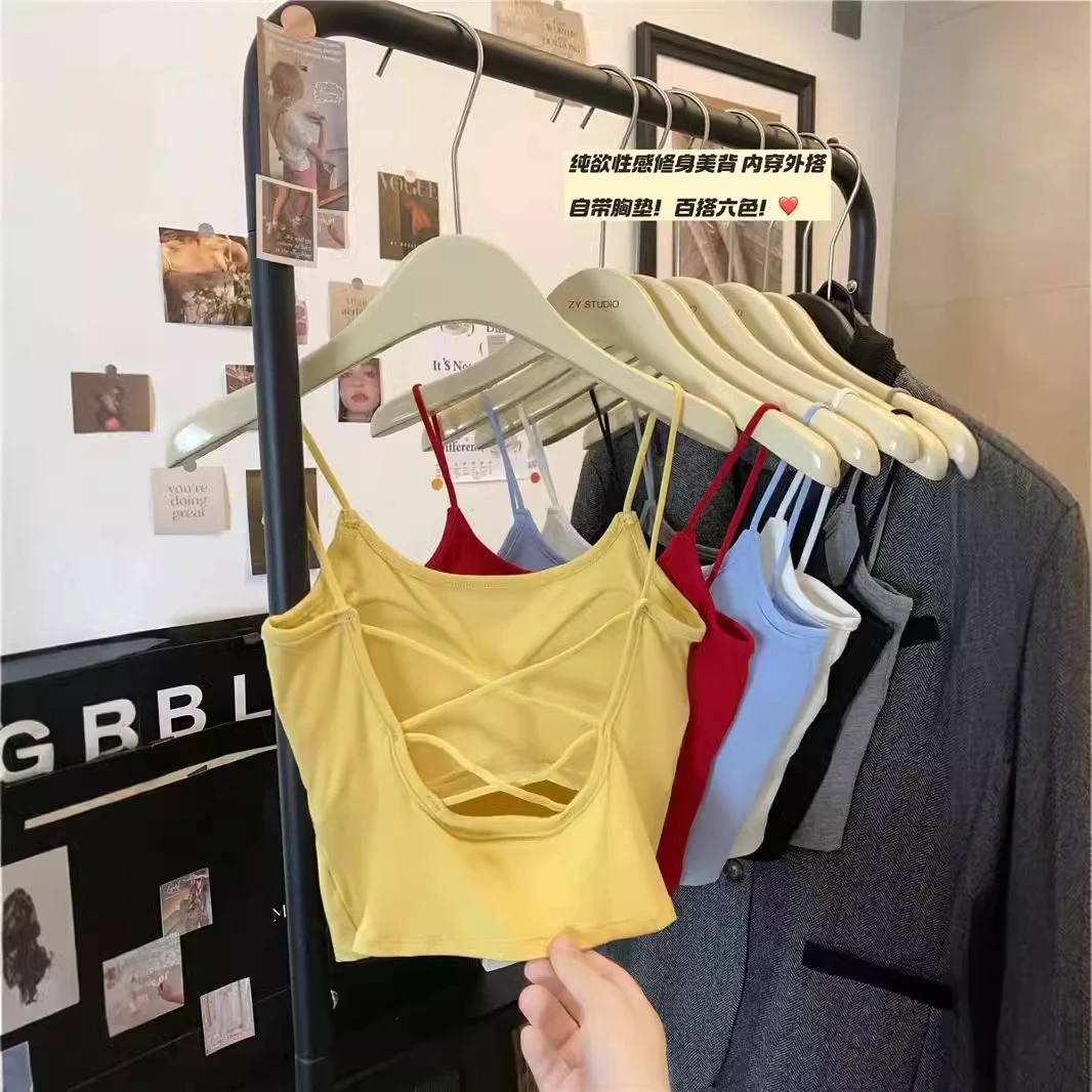 辣妹风纯棉美背修身显瘦内搭上衣带胸垫交叉露背外穿吊带背心新款