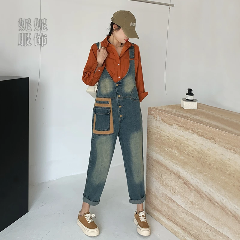 宽松显瘦减龄复古牛仔背带裤女2025年秋季新款撞色阔腿工装连体裤