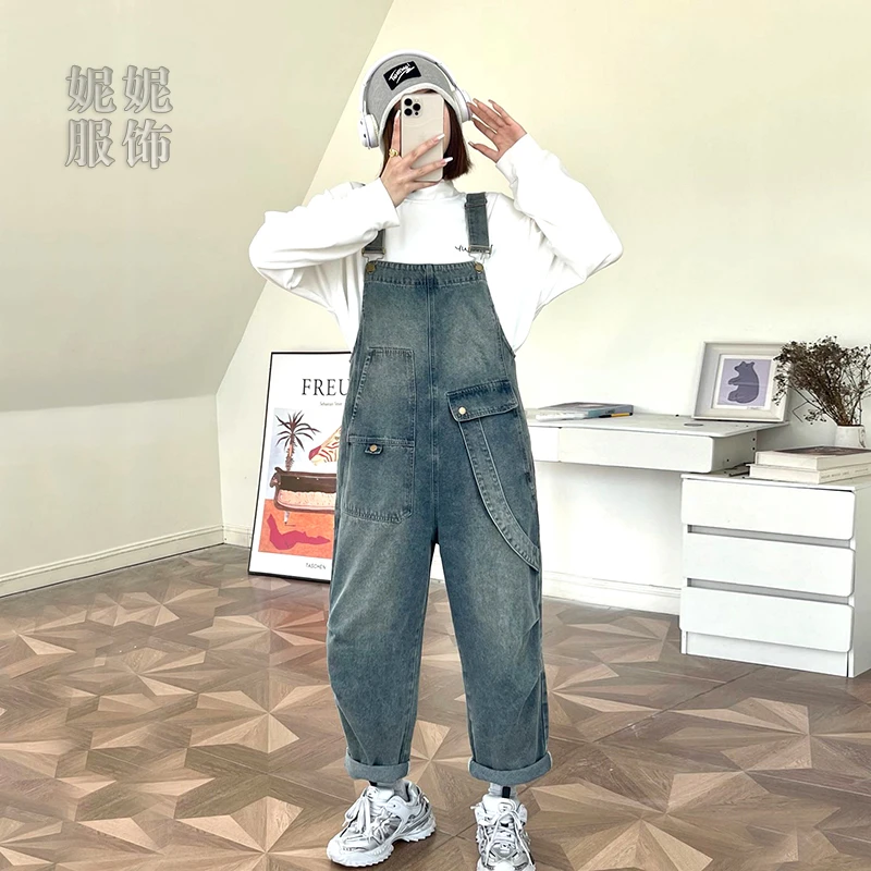 复古减龄牛仔背带裤女春秋宽松高腰显瘦遮肉设计感小众大码阔腿裤