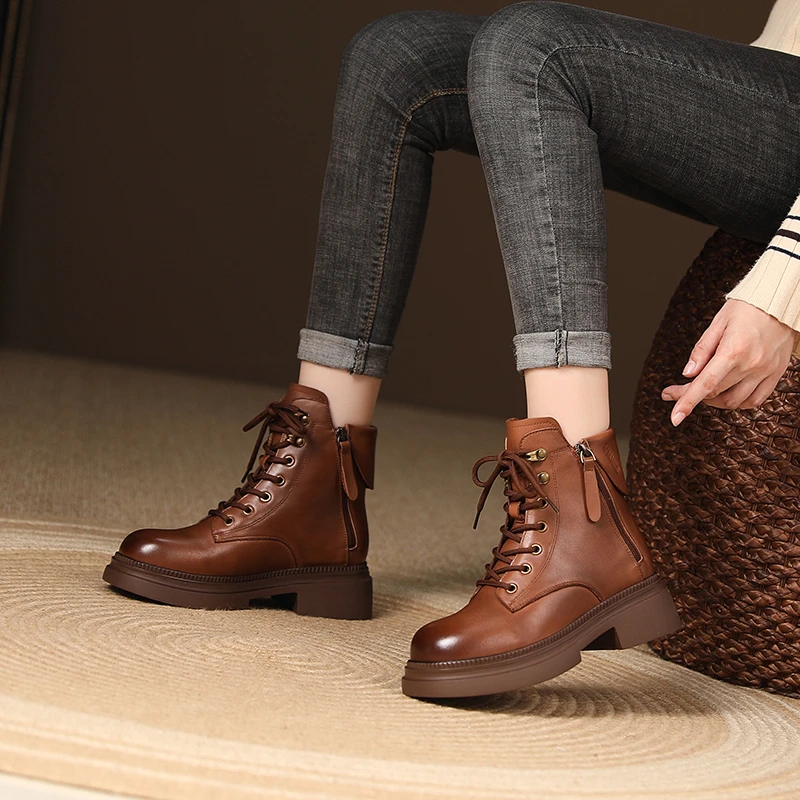 【sensen】秋冬休闲百搭复古马丁靴女冬季保暖加绒短靴子粗跟