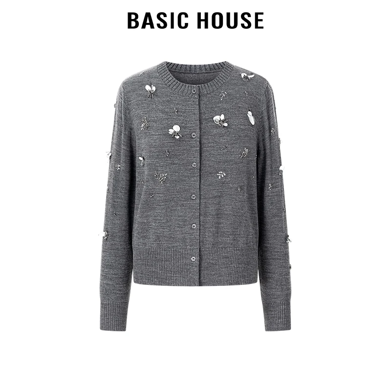 百家好/Basic House圆领立体亮片针织开衫女小众设计感洋气毛衣秋