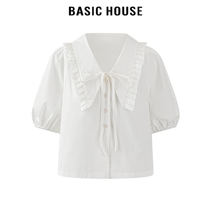 百家好/Basic House白色甜美法式气质压褶翻领系绳短袖衬衫女夏季