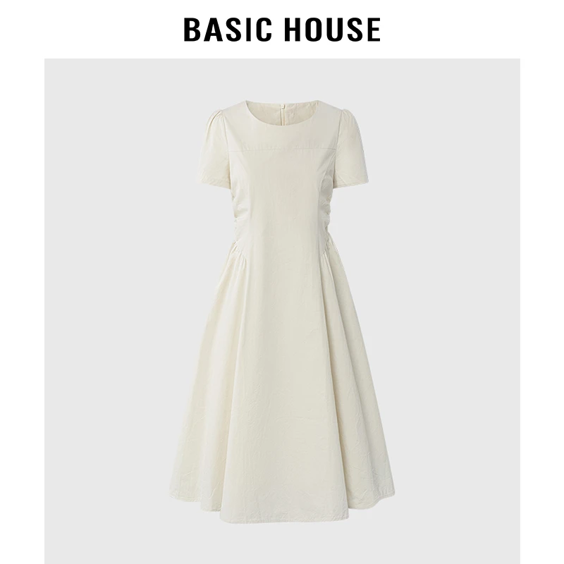 百家好/BasicHouse2024法式高级感圆领拼接褶皱高腰a字短袖连衣裙