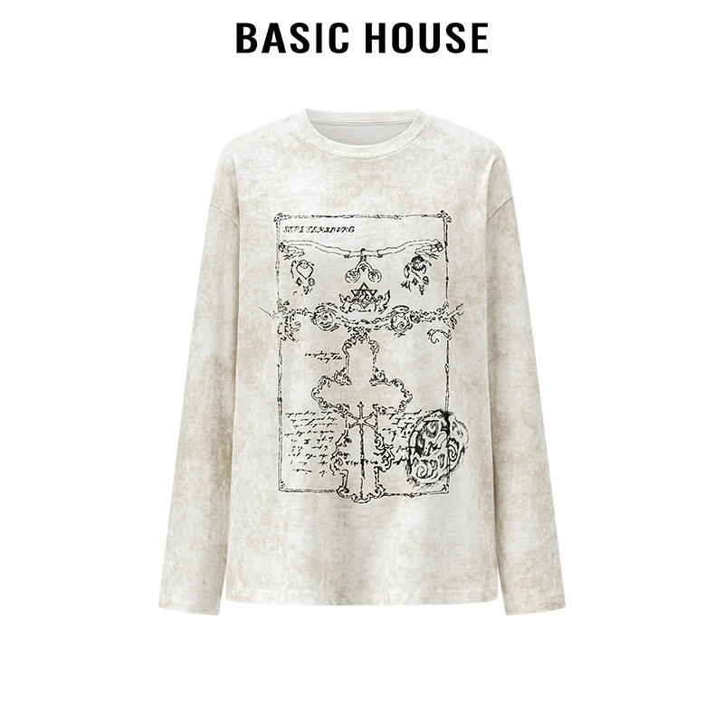 百家好/Basic House 圆领设计感印花长袖T恤女宽松休闲上衣春新款