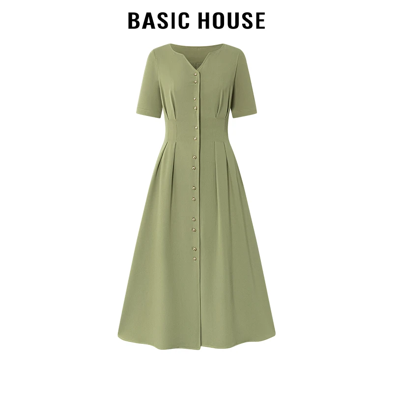 百家好/BasicHouse2024气质休闲收腰压褶设计感长裙夏短袖连衣裙