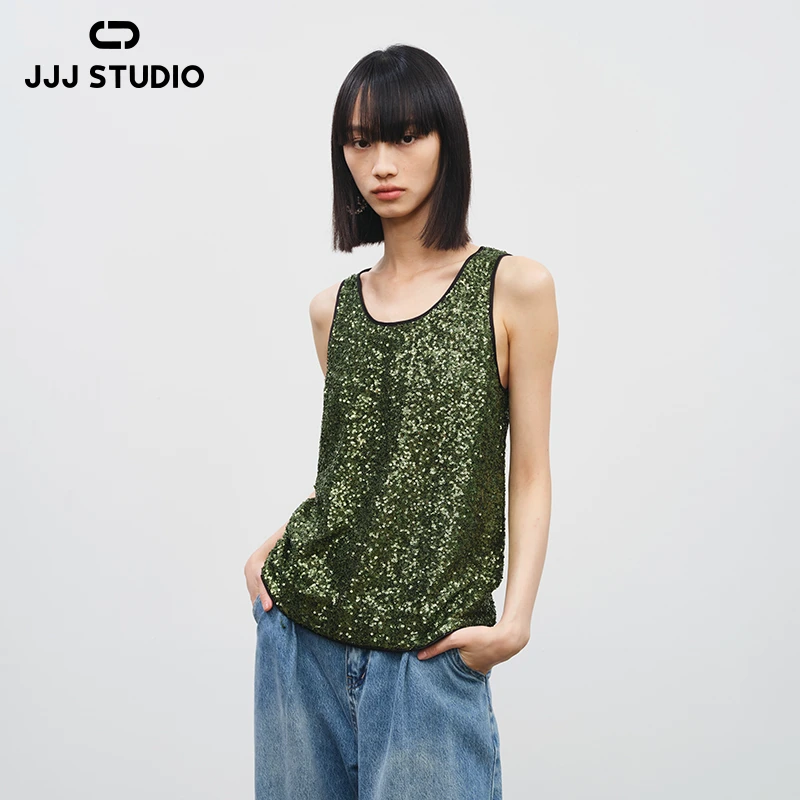 JJJ STUDIO 重工奢华绿色亮片刺绣高级感无袖网纱背心 JLWFA1N200