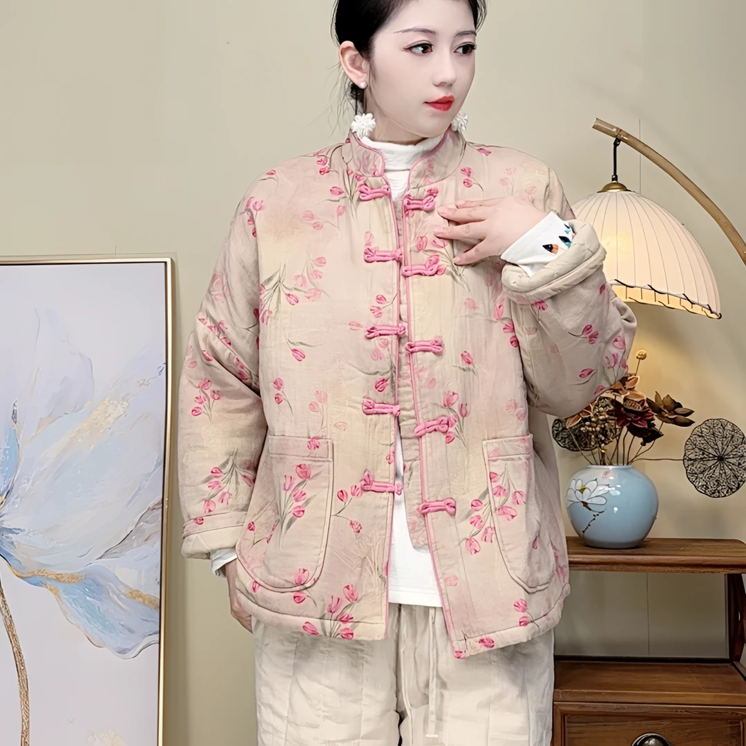 高端减龄复古文艺冬上新印花盘扣优雅高级撞色国风棉衣复古棉衣