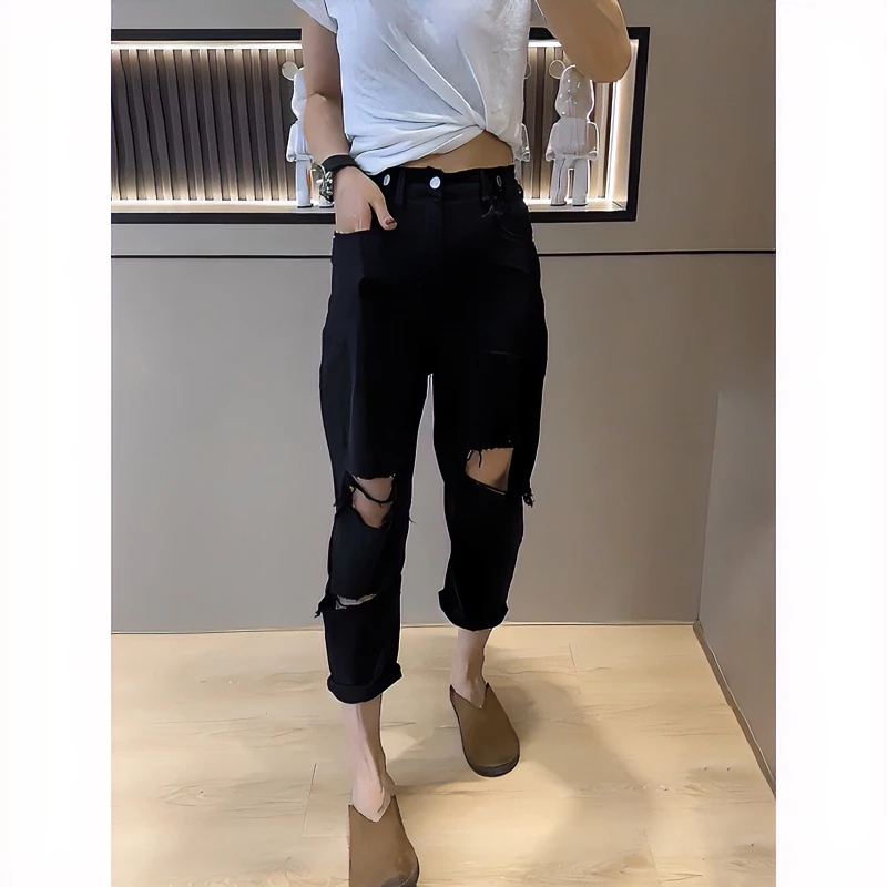 梨形身材微胖女生穿搭大码破洞牛仔裤子女春秋季薄款弹力哈伦老爹