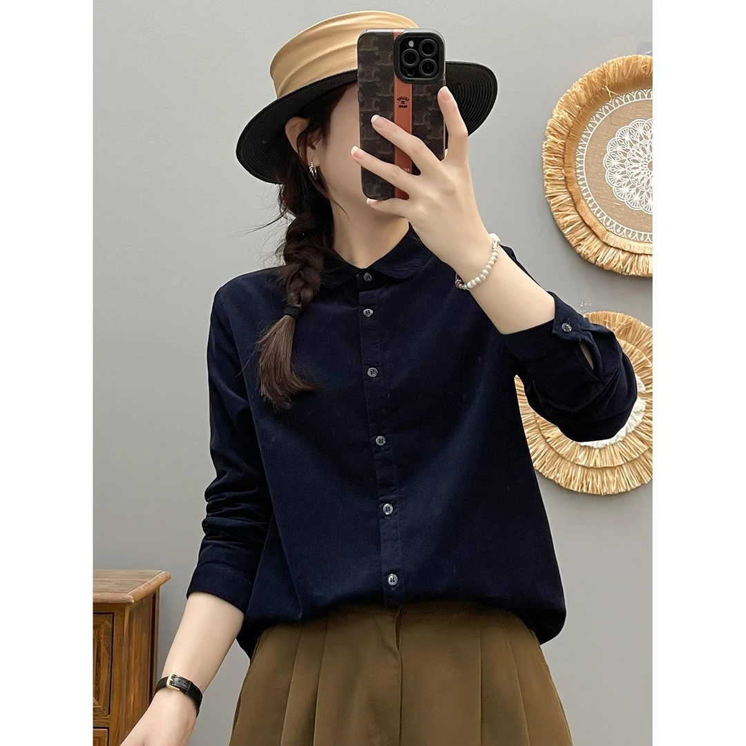 简约文艺衬衫女长袖小清新全棉休闲衬衣女春秋韩版纯棉灯芯绒宽松