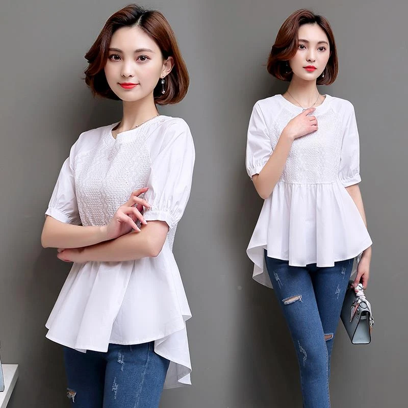 夏季新款圆领五分袖衬衫刺绣女中长款纯棉韩版宽松娃娃衫