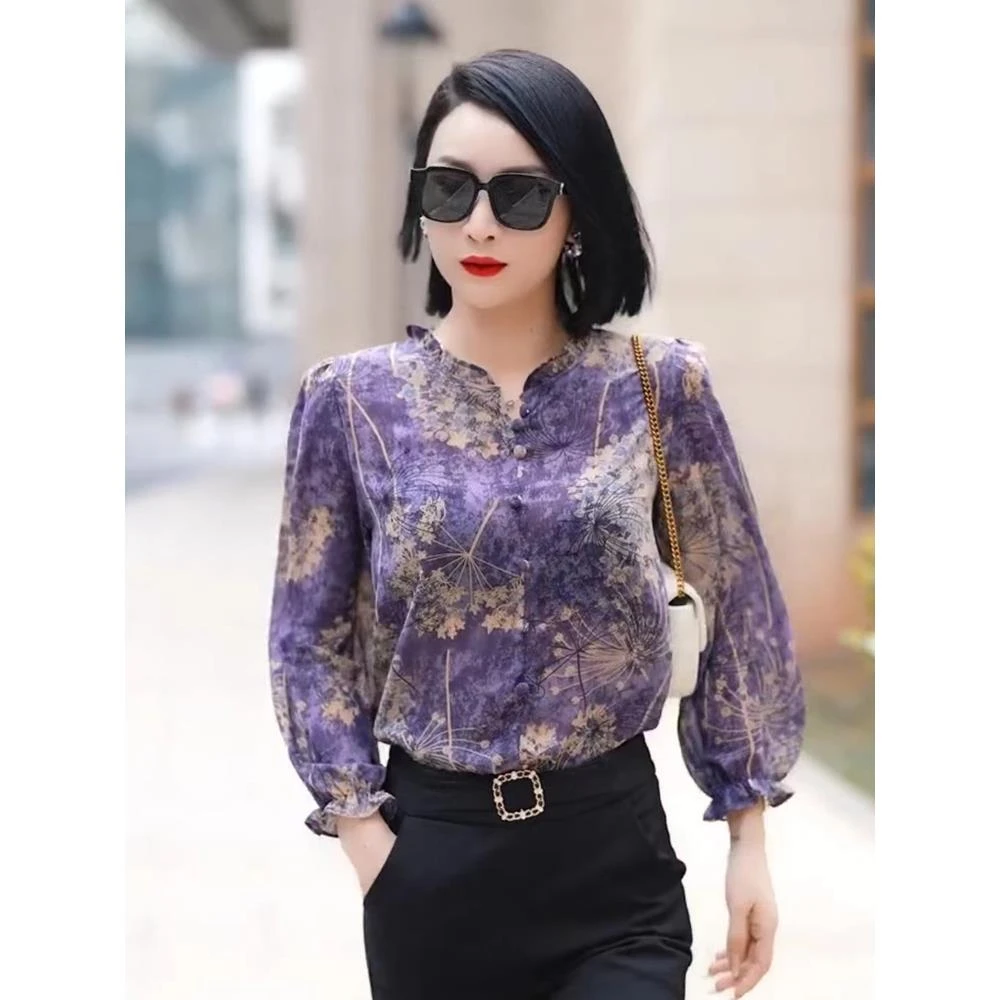 春夏季新款时尚洋气设计感印花衬衣九分袖荷叶领舒适百搭上衣