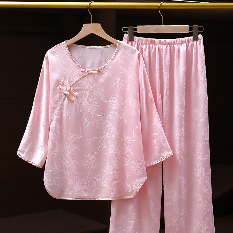 新中式女盘扣冰丝睡衣 女士家居服套装 复古汉服两件套夏季薄款