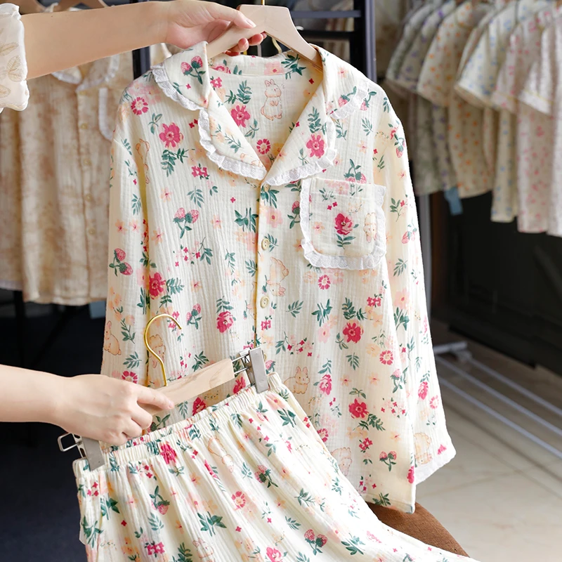 日系宽松薄款印花纯棉睡衣女 春秋夏季甜美公主风家居服两件套装