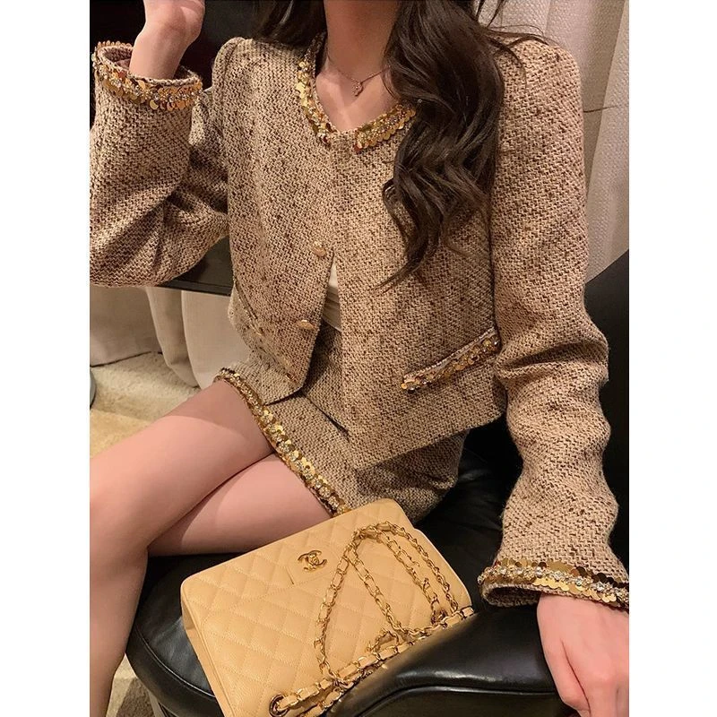 韩剧富家千金夹棉小香风套装裙女秋冬高级感短外套气质名媛两件套