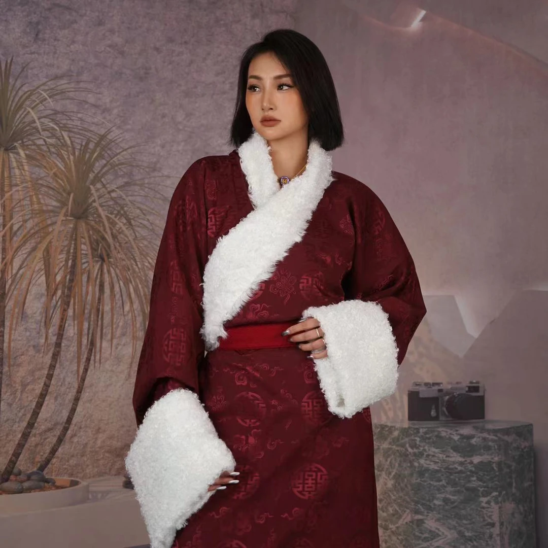 冬季映面提花羊毛保暖加厚藏袍