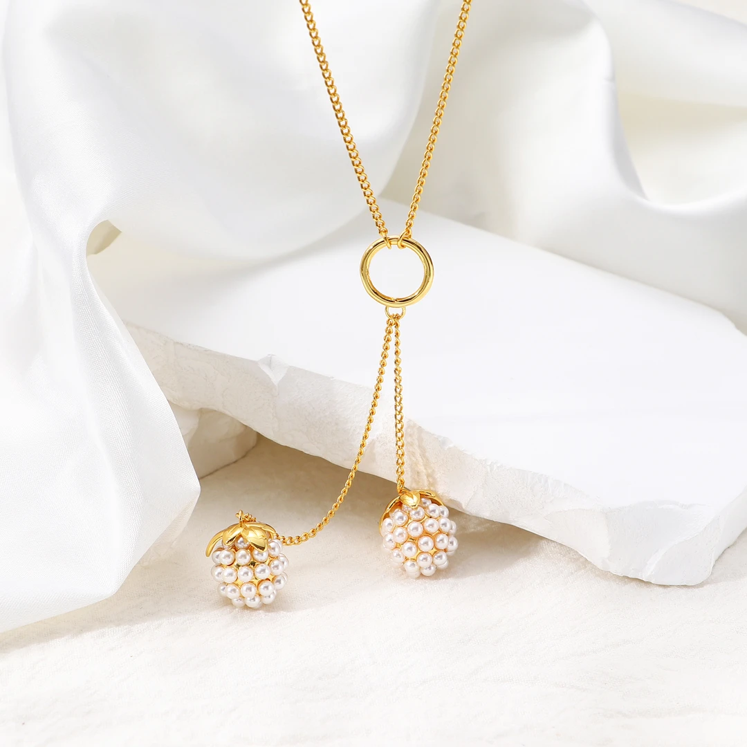 Tender Jinger 铜合金项链 秋冬新款双吊坠珠花球项链轻奢高级感