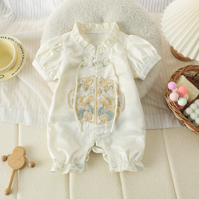 MT婴儿连体衣新中式女宝宝哈衣绣花朵花边领公主夏装ZPX4203