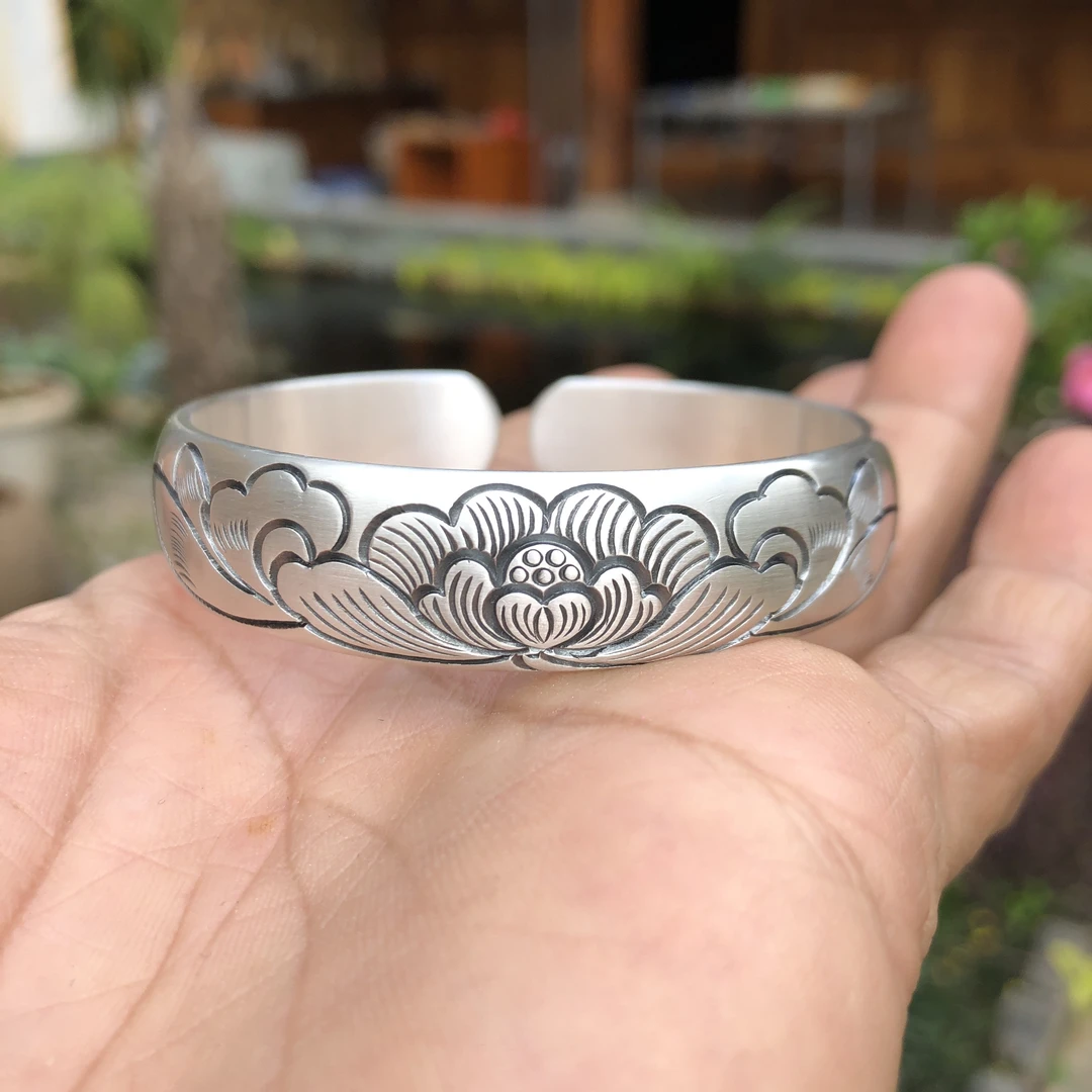 足银手镯 足银999花开富贵纯手工雕刻做旧复古银制开口手镯镯子