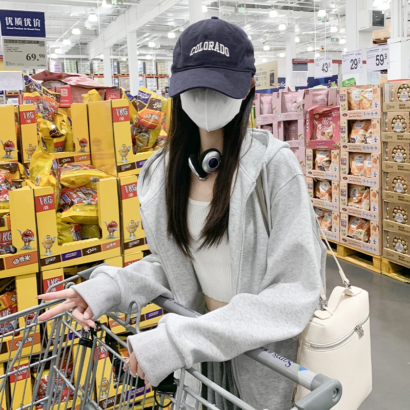 灰色连帽卫衣女秋冬季2024新款爆款小个子慵懒风大码外套开衫上衣