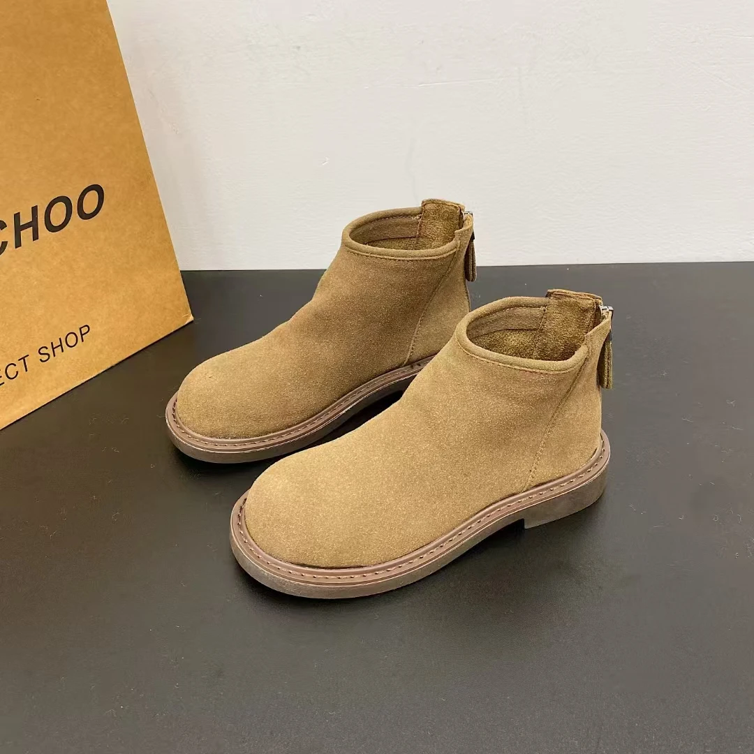 888真皮短靴女2024秋季新款网红百搭牛皮后拉链圆头马丁靴子