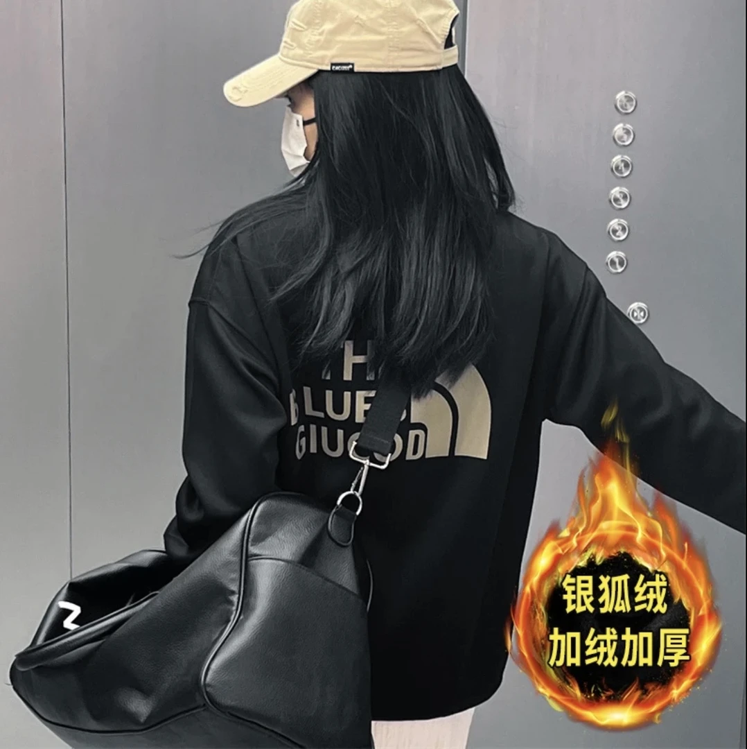 J006加绒百搭卫衣男士时尚情侣休闲宽松潮流圆领长袖男款运动户外